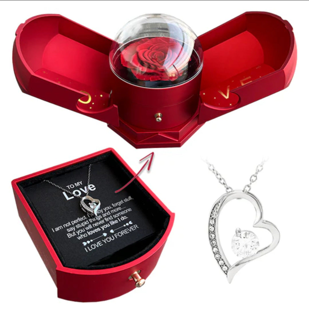 Valentine's Day Necklace Gift Box - Double Open Rose Design with Angel Wings sammyskshop