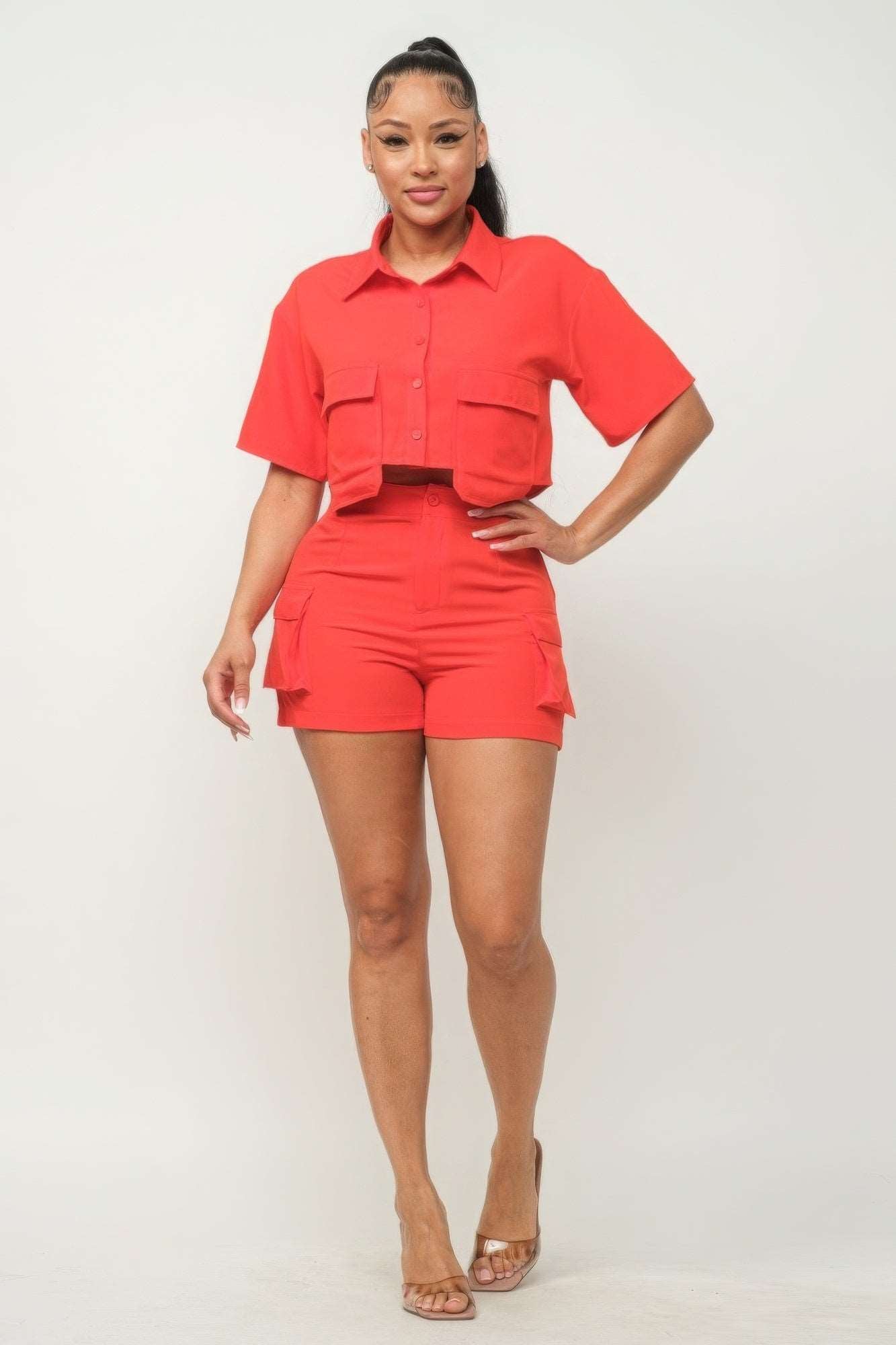 Women's Front Button Down Side Pockets Top and Shorts Set: Elevate Your Casual Wardrobe with Comfort and Style
