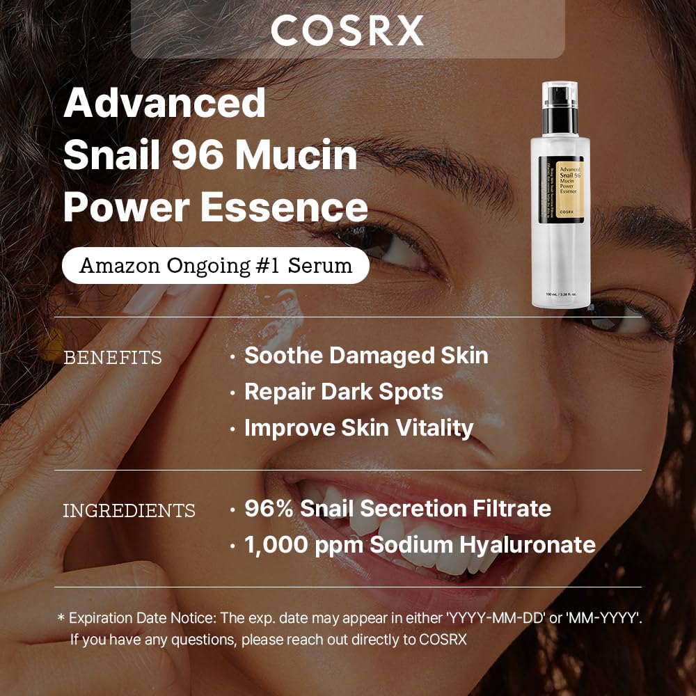 COSRX Snail Mucin Essence (96%) - Hydrating Face Serum for Glowing Skin (100ml) - Korean Skincare, Dullness & Fine Lines - https://sammyskfootball.com