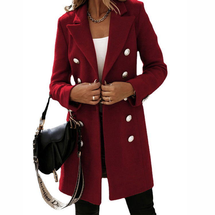 Double-breasted Winter Coat Fashion Turndown Collar Jacket For Women Autumn Long-sleeved Woolen - https://sammyskfootball.com