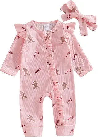 Newborn Baby Girls Christmas Jumpsuit Long Sleeve Waffle Gingerbread Print Ruffle Romper and Headband Fall Clothes - https://sammyskfootball.com