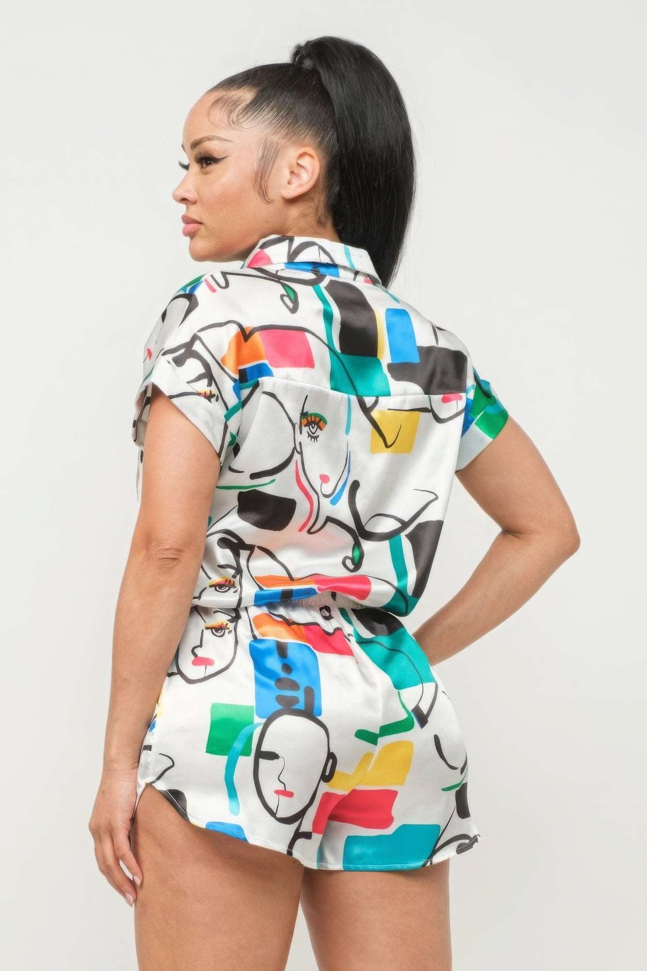 Women's Satin Dolman Print Button Down Top and Shorts Set: Elevate Your Casual Wardrobe with Comfort and Style - https://sammyskfootball.com