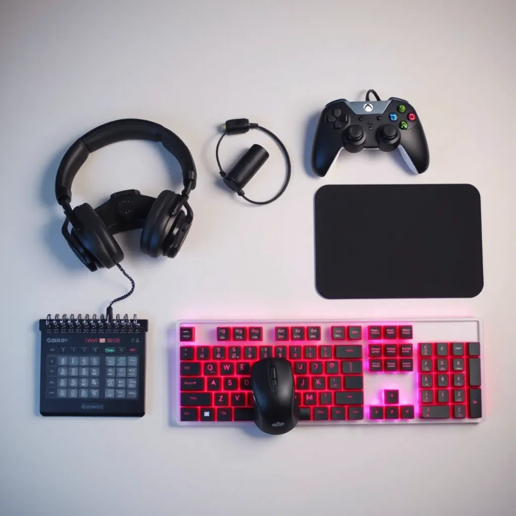 Neatly arranged gaming headset, controller, mouse, keyboard, and mouse pad on a desk
