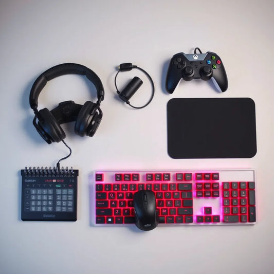 Neatly arranged gaming headset, controller, mouse, keyboard, and mouse pad on a desk