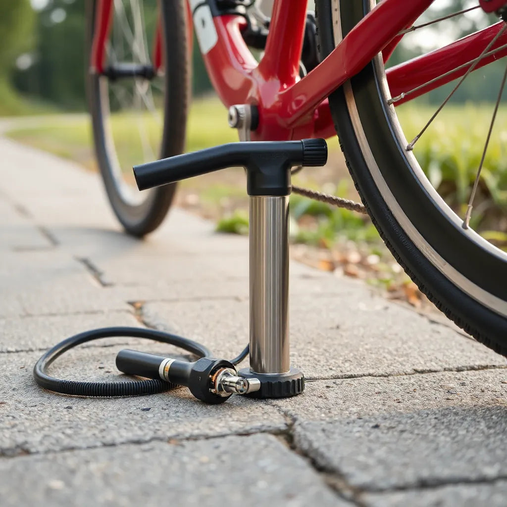Compact portable bicycle pump connected to a bike tire valve beside a road bike wheel
