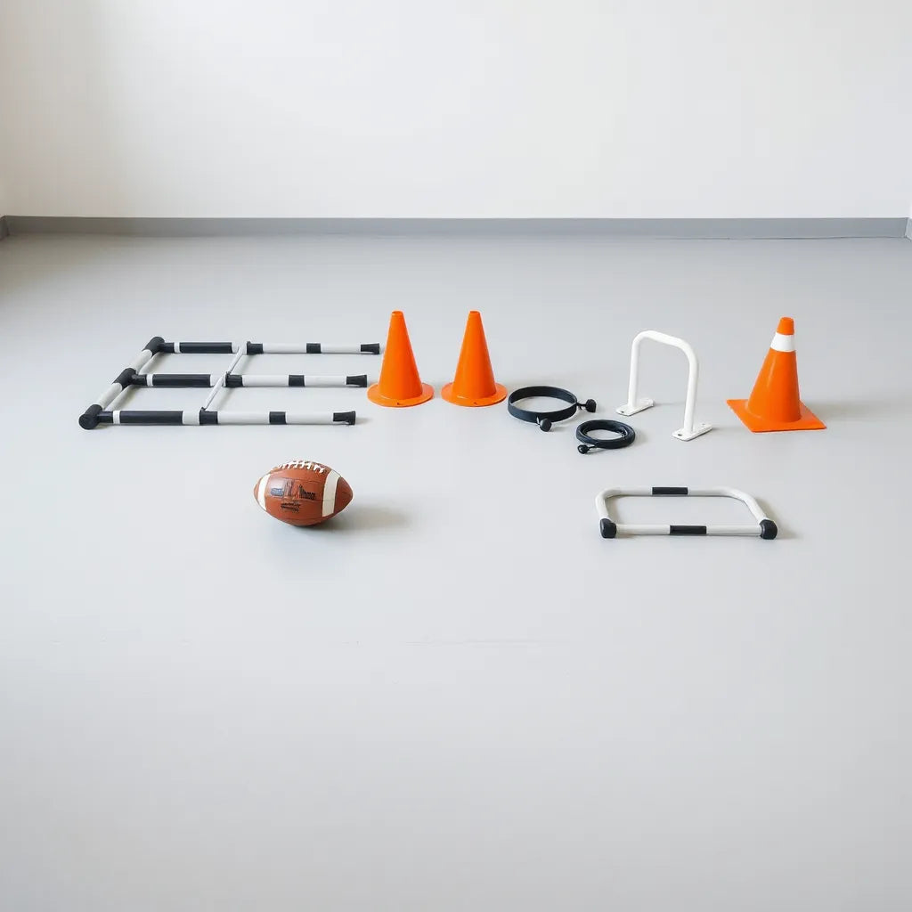 Neatly arranged football training tools including cones, ladder, hurdles, and a ball on a clean floor