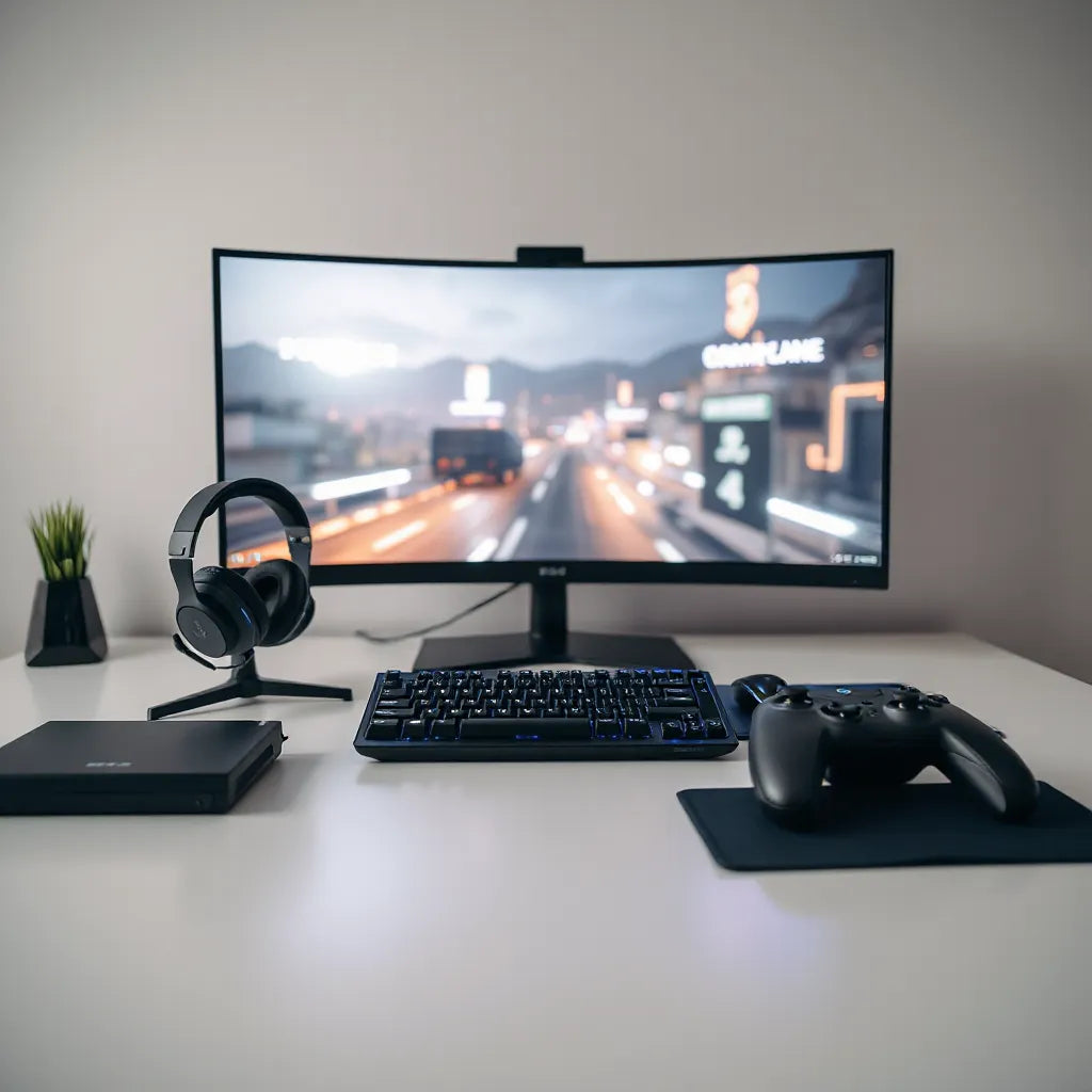 High-performance gaming keyboard, mouse, headset, and controller on a desk beside a monitor