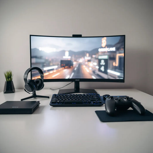 High-performance gaming keyboard, mouse, headset, and controller on a desk beside a monitor