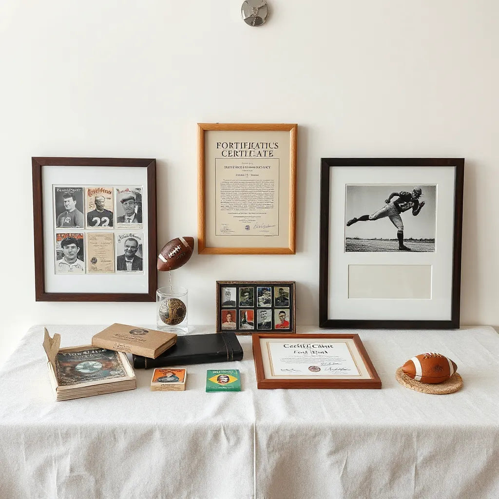 Framed signed football memorabilia and collectible cards arranged on a display table