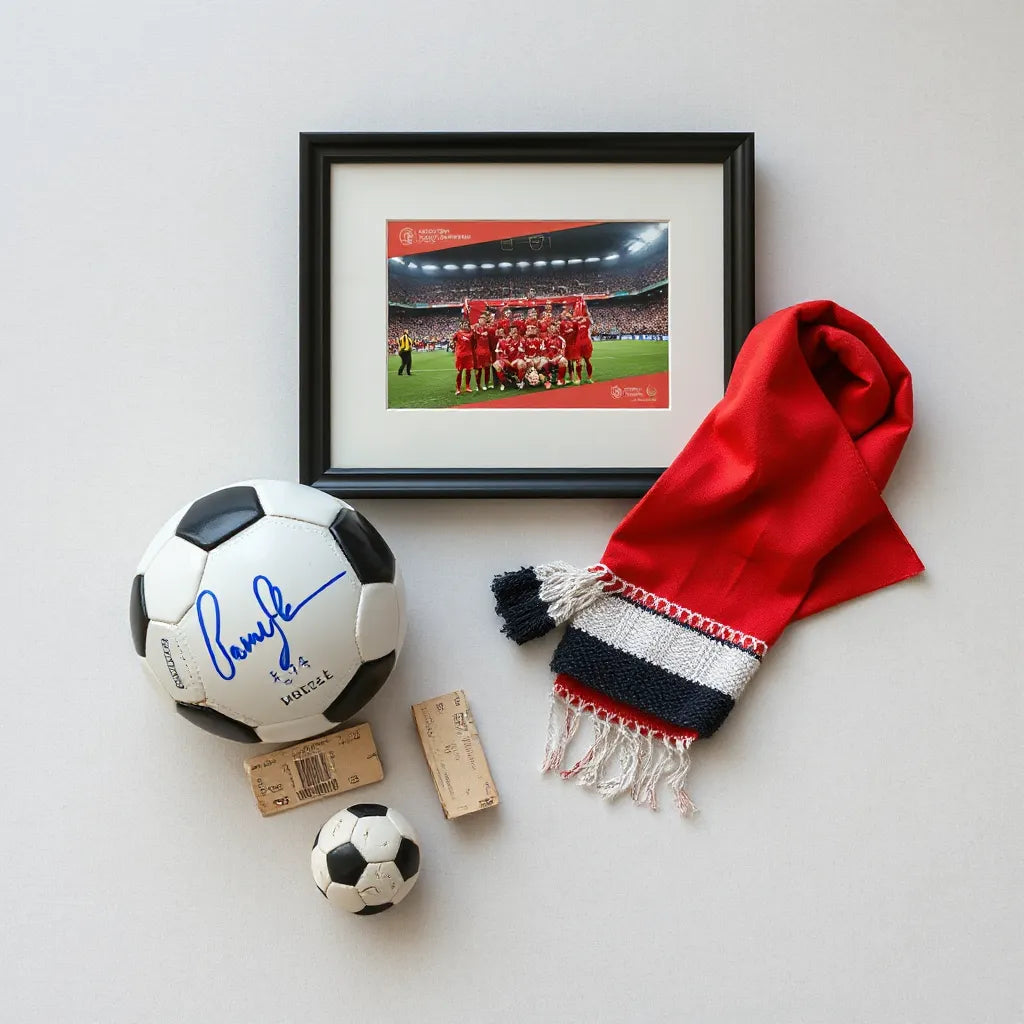 Premium football memorabilia set with framed photos, scarf, and autographed match ball on a neutral background