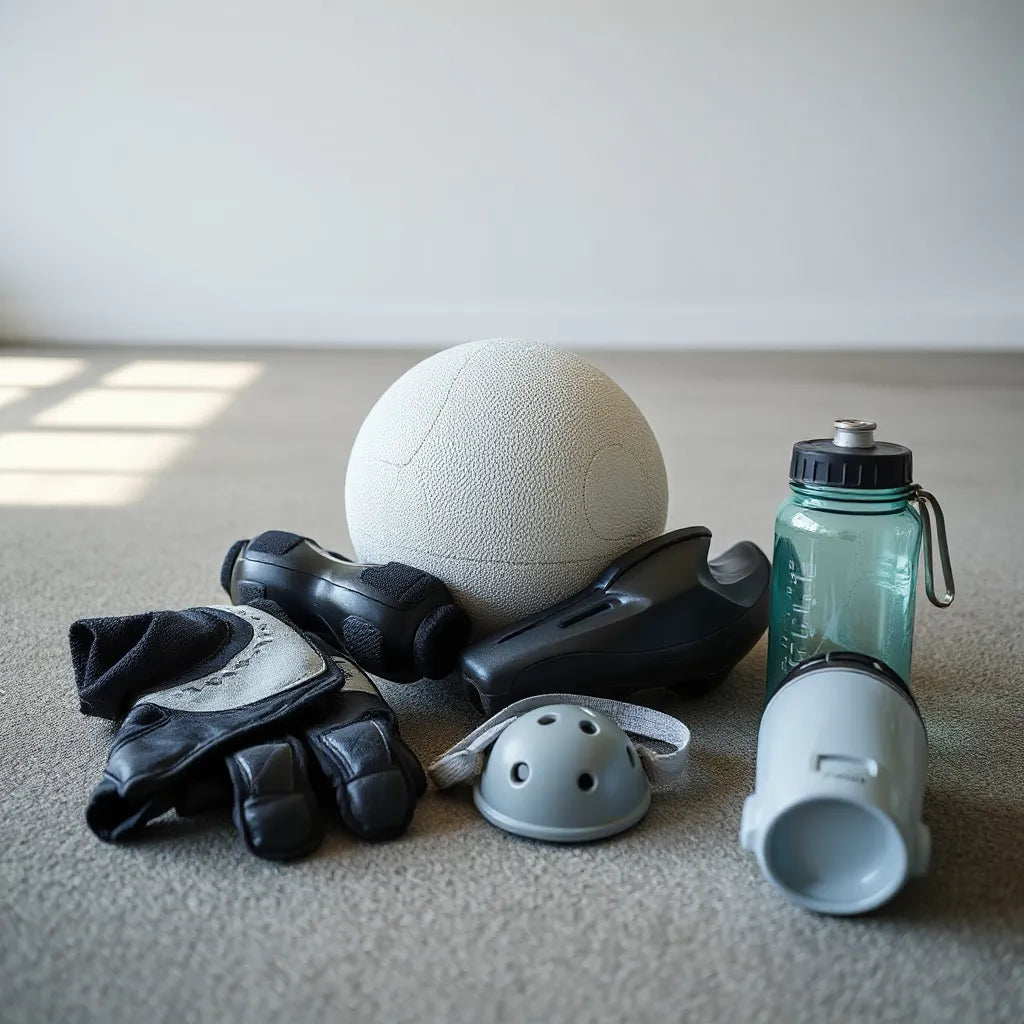 Assorted well-made sports protective gear and training items laid out neatly