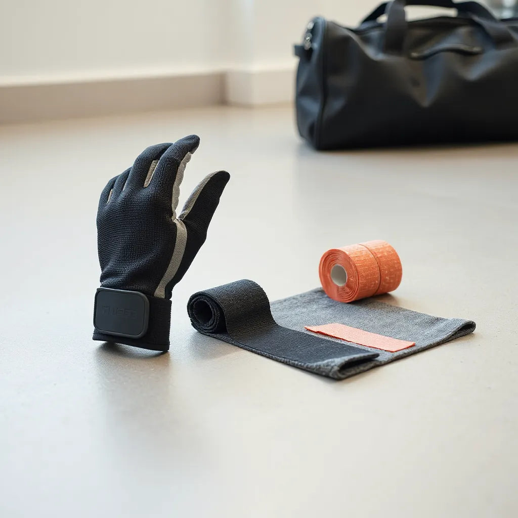 Training accessories arranged neatly: gloves, compression sleeve, wrist wrap, tape, and towel on gym floor