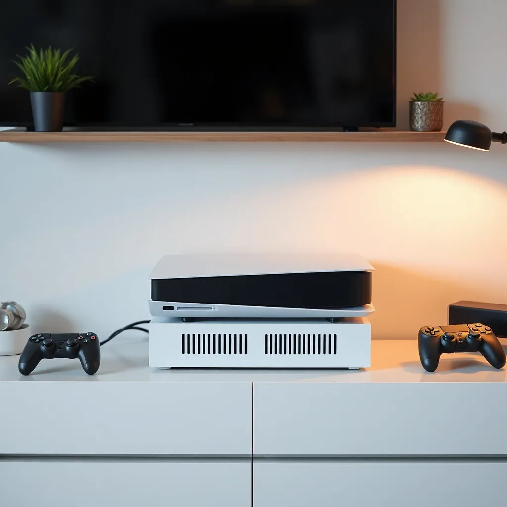 PS5 console mounted on a cooling stand with visible vented airflow for better temperature control