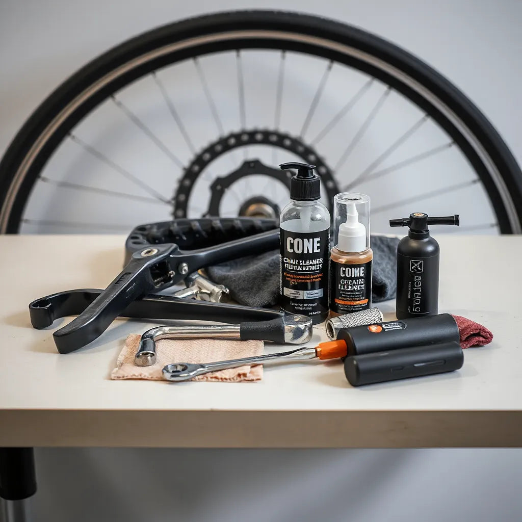 Essential bike maintenance tools arranged on a workbench next to a bicycle wheel