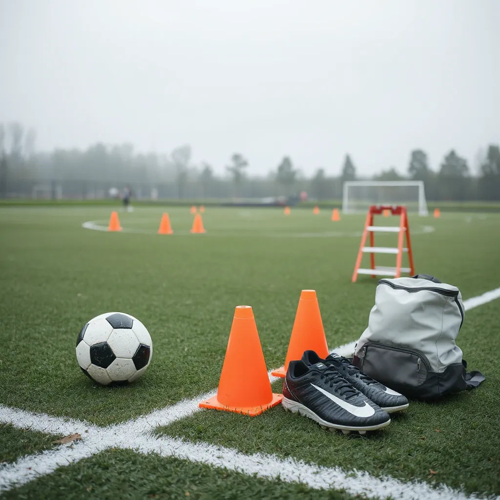 Soccer ball, training cones, boots, and an agility ladder arranged on a grass field.