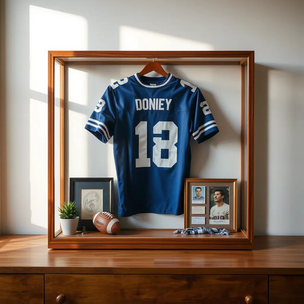 Framed football memorabilia items including a jersey, signed ball, and trading card in a display case