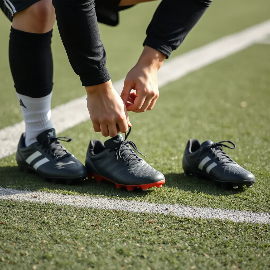 Soccer player tying cleats before training, with different boot types arranged nearby on a grass field