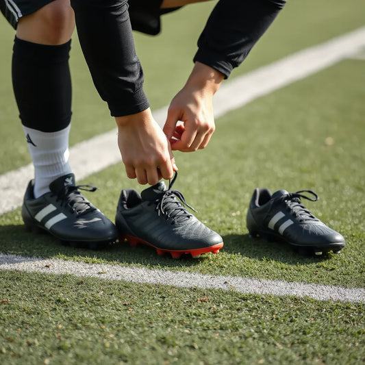Soccer player tying cleats before training, with different boot types arranged nearby on a grass field