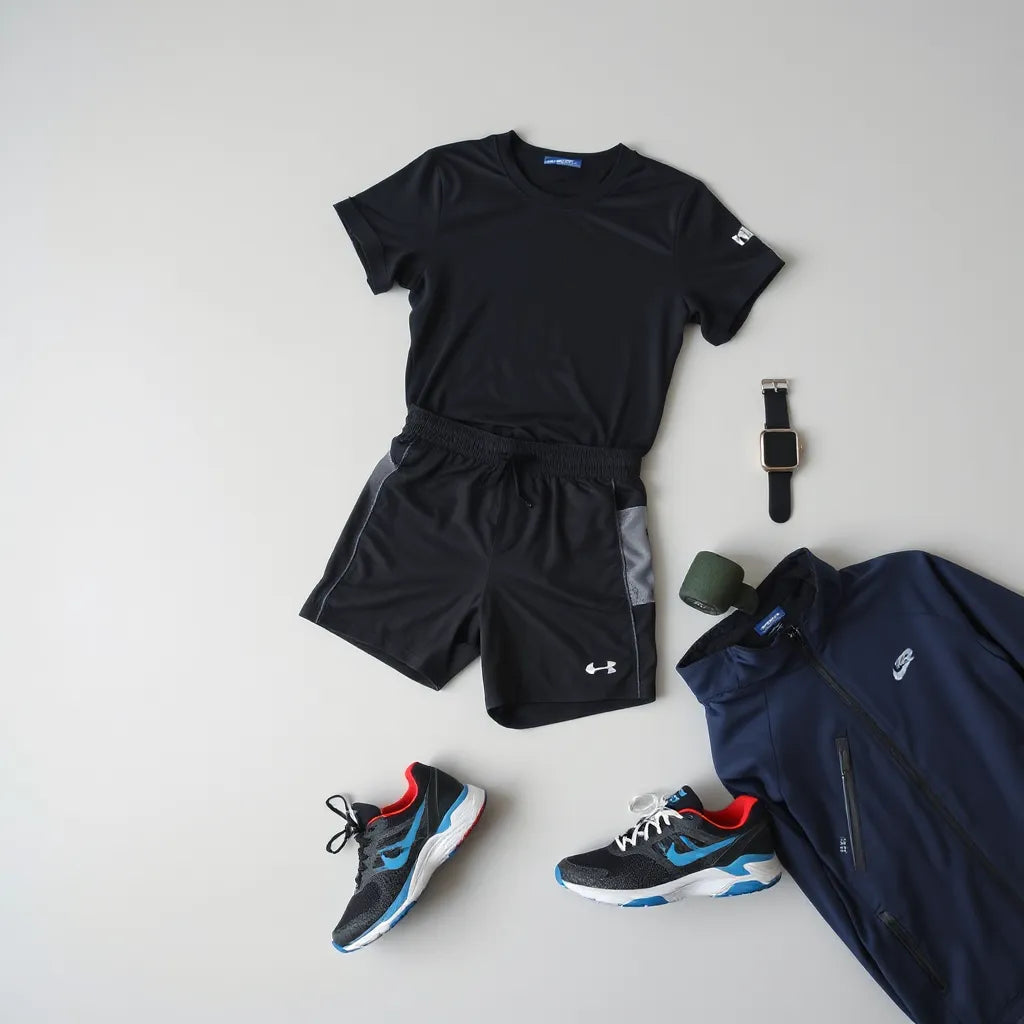 Men’s athletic outfits laid out neatly, showing breathable shirts, shorts, a jacket, and sneakers.
