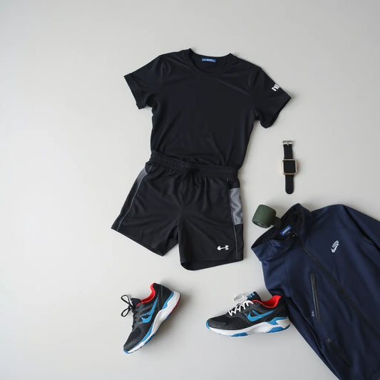 Men’s athletic outfits laid out neatly, showing breathable shirts, shorts, a jacket, and sneakers.