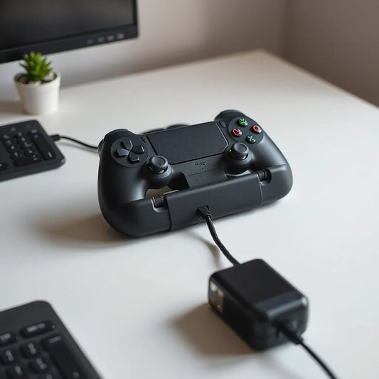 Two game controllers seated on a dual charging dock with a connected cable and subtle LED indicators