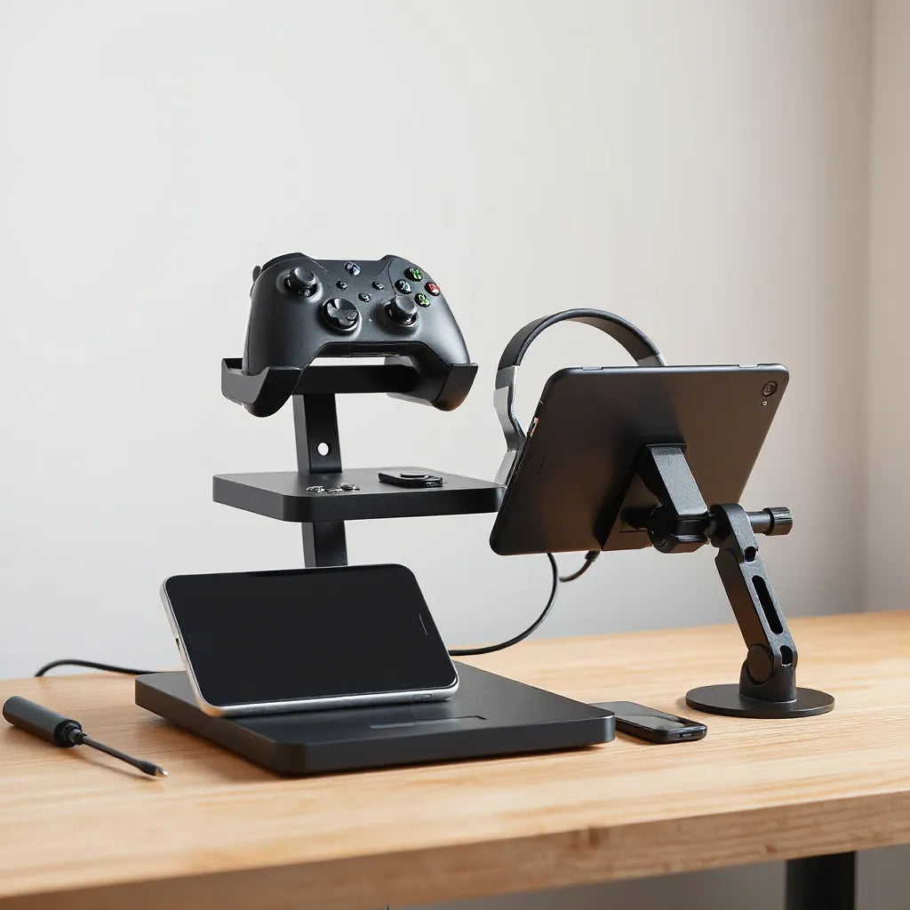 Multifunctional gaming stand on a clean desk holding a controller, headset, and phone with tidy cable management