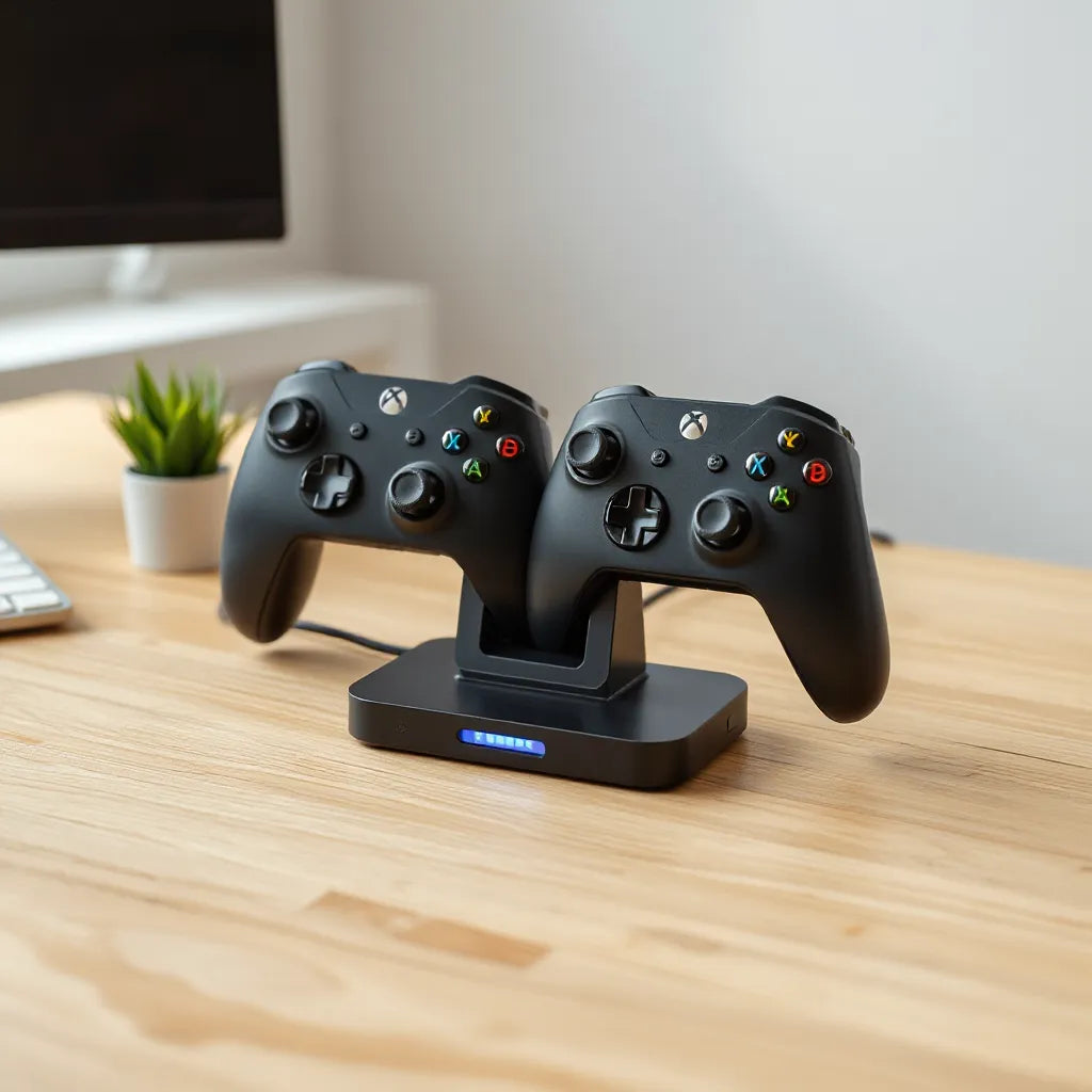 Dual controller charging stand with two controllers docked on a clean gaming desk