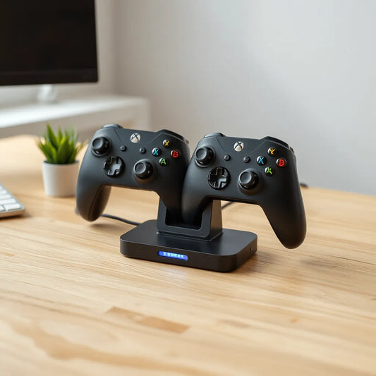 Dual controller charging stand with two controllers docked on a clean gaming desk