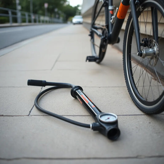Compact portable bike pump next to a road bicycle with nozzle and hose clearly visible