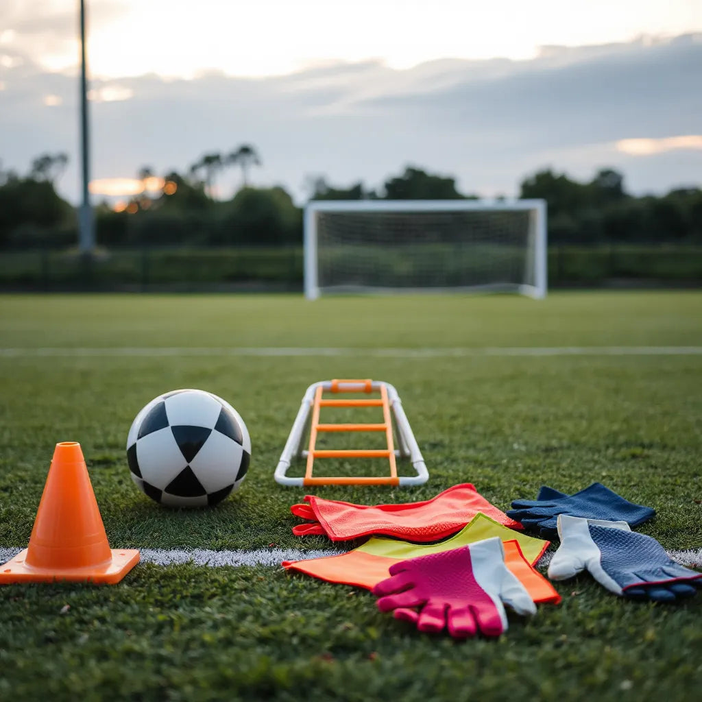 Soccer balls, training cones, and agility ladder arranged on a field for practice