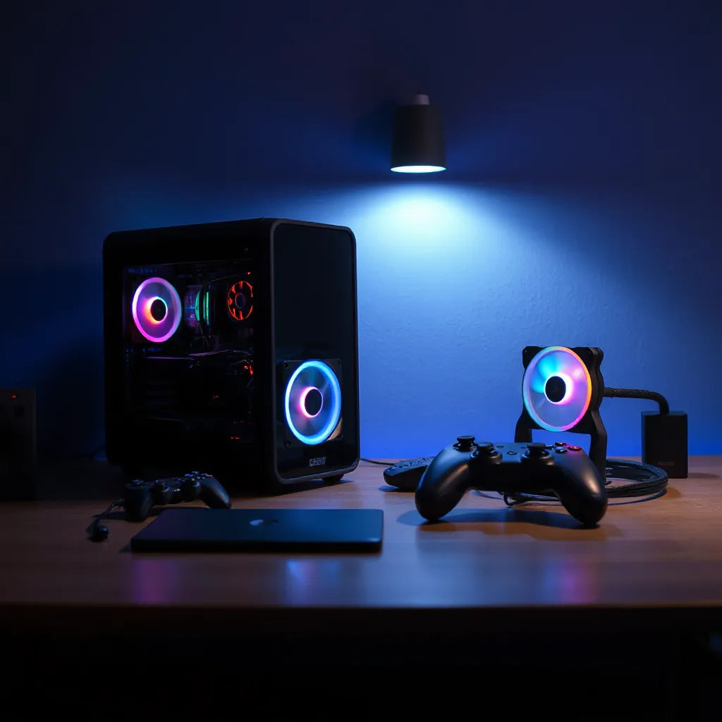 Gaming desk setup with a PC cooling fan accessories and controller under cool blue lighting