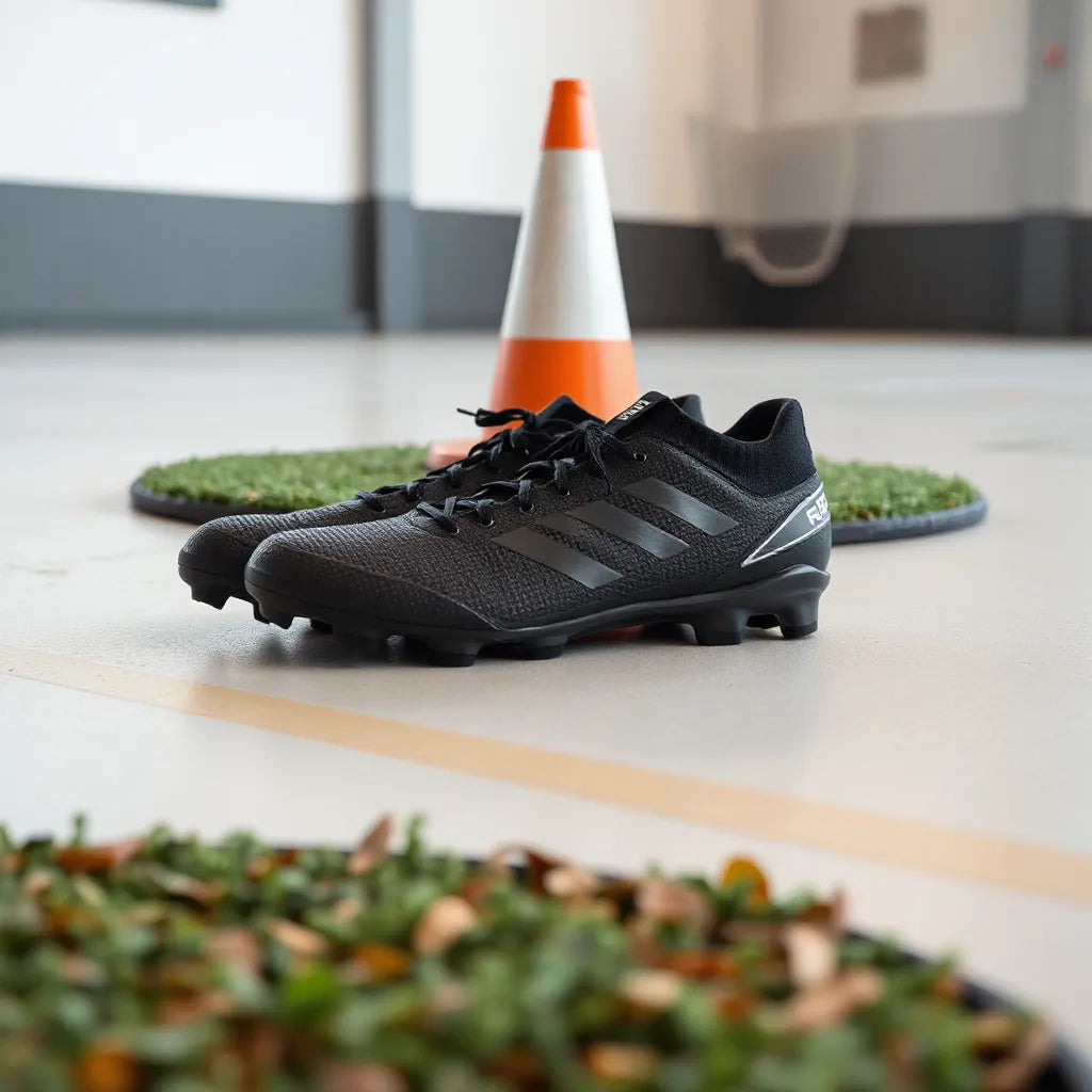 Pair of high-performance training boots with detailed traction outsole on a sports floor