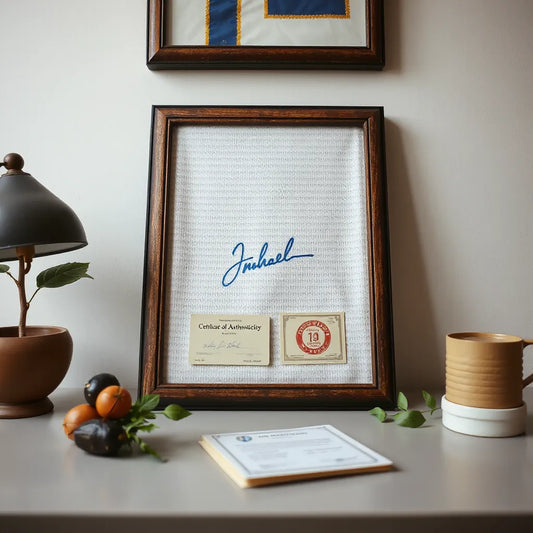 Framed sports jersey with visible autograph and nearby certificate of authenticity card