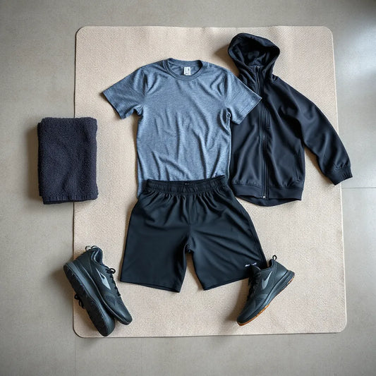 Men’s workout tops and bottoms with textured fabrics arranged on a neutral training mat