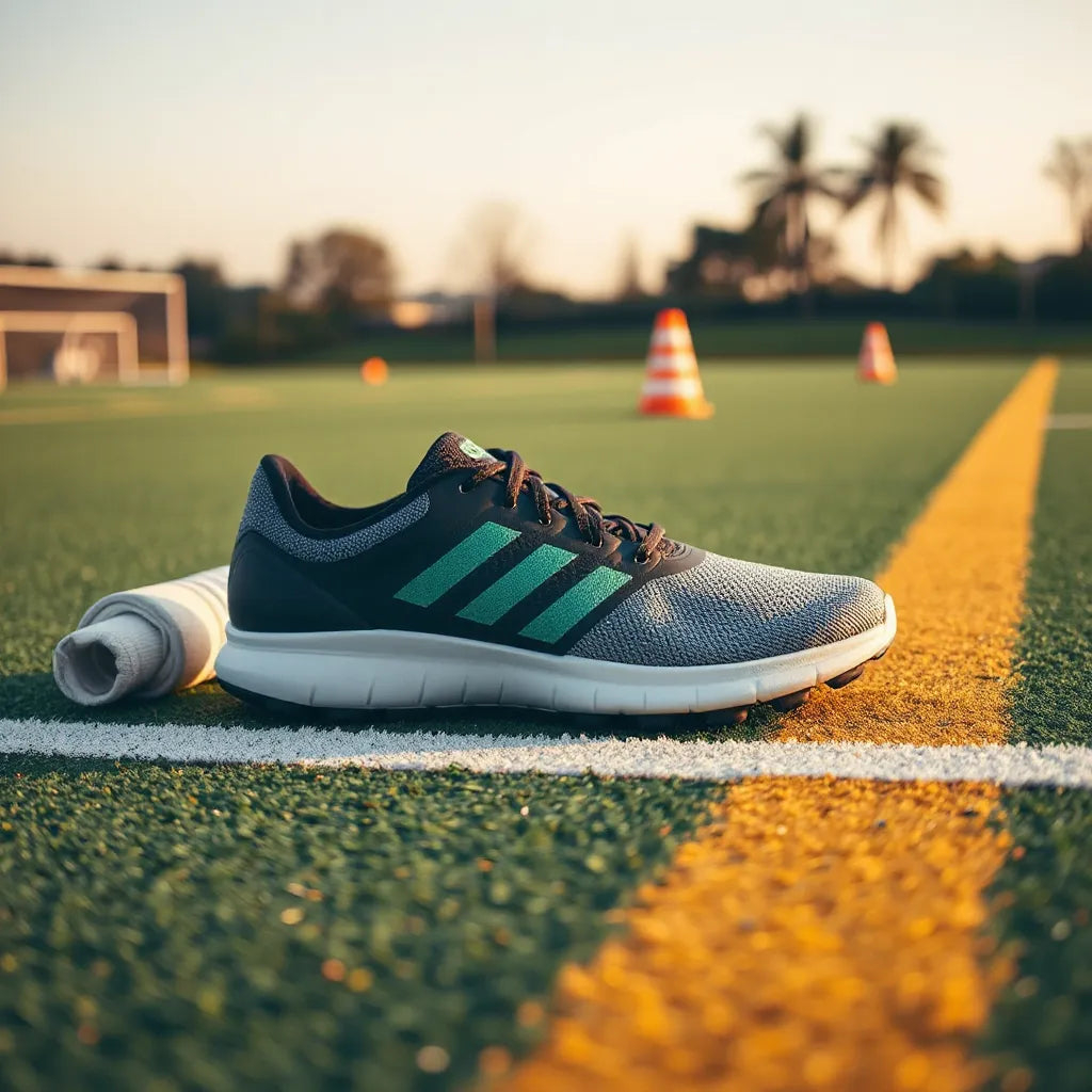 Pair of football training shoes with detailed traction outsole on a field, showing fit and comfort features