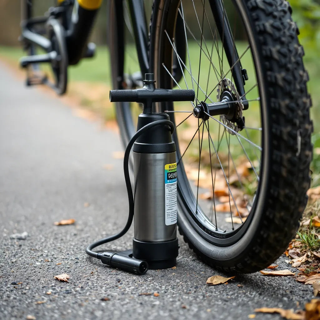 Compact portable pump beside a road bike tire and wheel on a paved path
