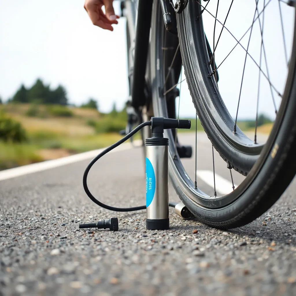 Compact portable bike pump connected to a tyre valve next to a bicycle wheel