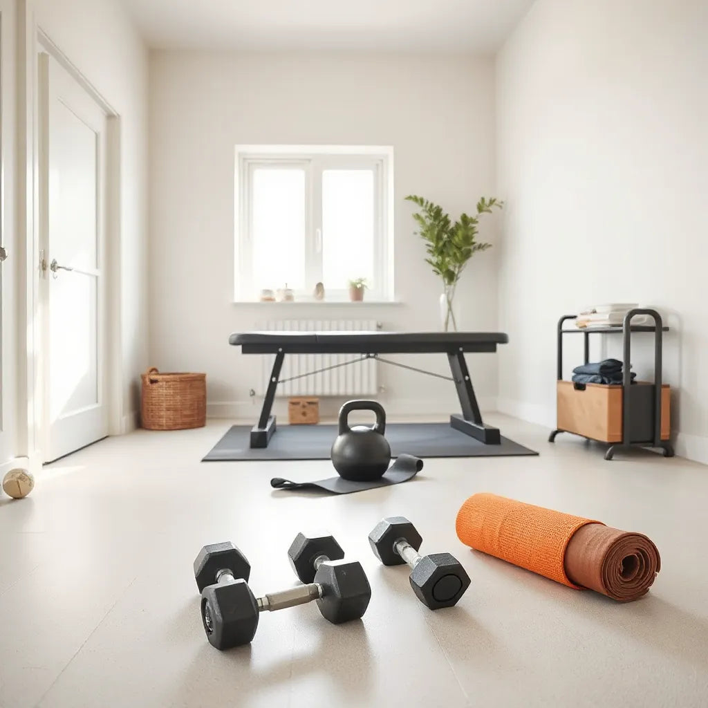 Adjustable dumbbells, bench, and yoga mat arranged neatly in a bright home workout space