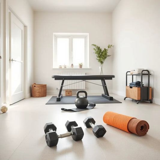 Adjustable dumbbells, bench, and yoga mat arranged neatly in a bright home workout space