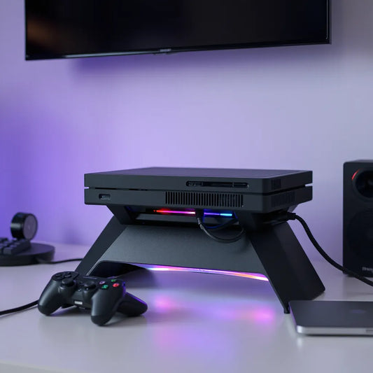 Black PS5 cooling stand with soft RGB lights elevating the console on a clean desk