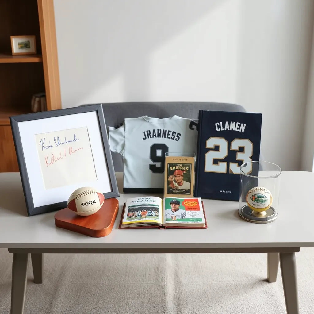 Neatly arranged sports memorabilia, including framed autograph, trading cards, and vintage program on a tabletop.