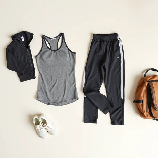 Breathable athletic top and joggers with sneakers arranged in a clean studio setting