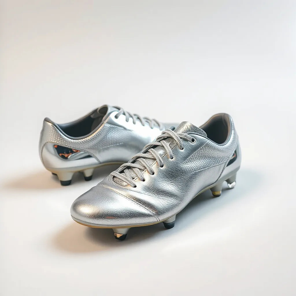 Metallic electroplated football boots with visible studs on a clean studio background