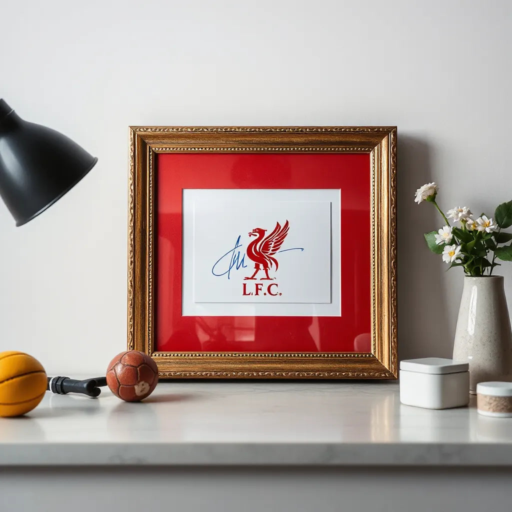 Framed football memorabilia with a visible autograph and smooth glass reflections