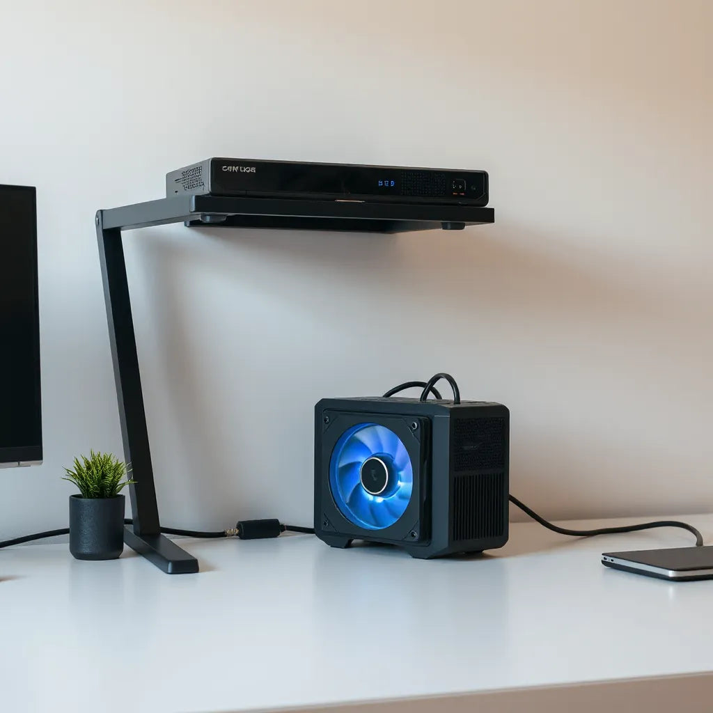 Gaming console on a cooling stand under a tidy desk setup with visible airflow vents