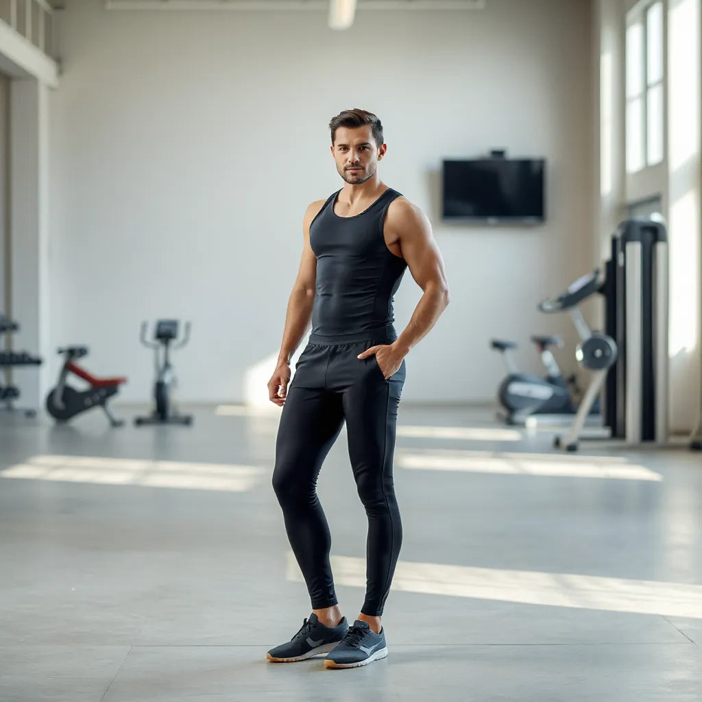 Male athlete wearing a fitted fitness suit in a bright training room
