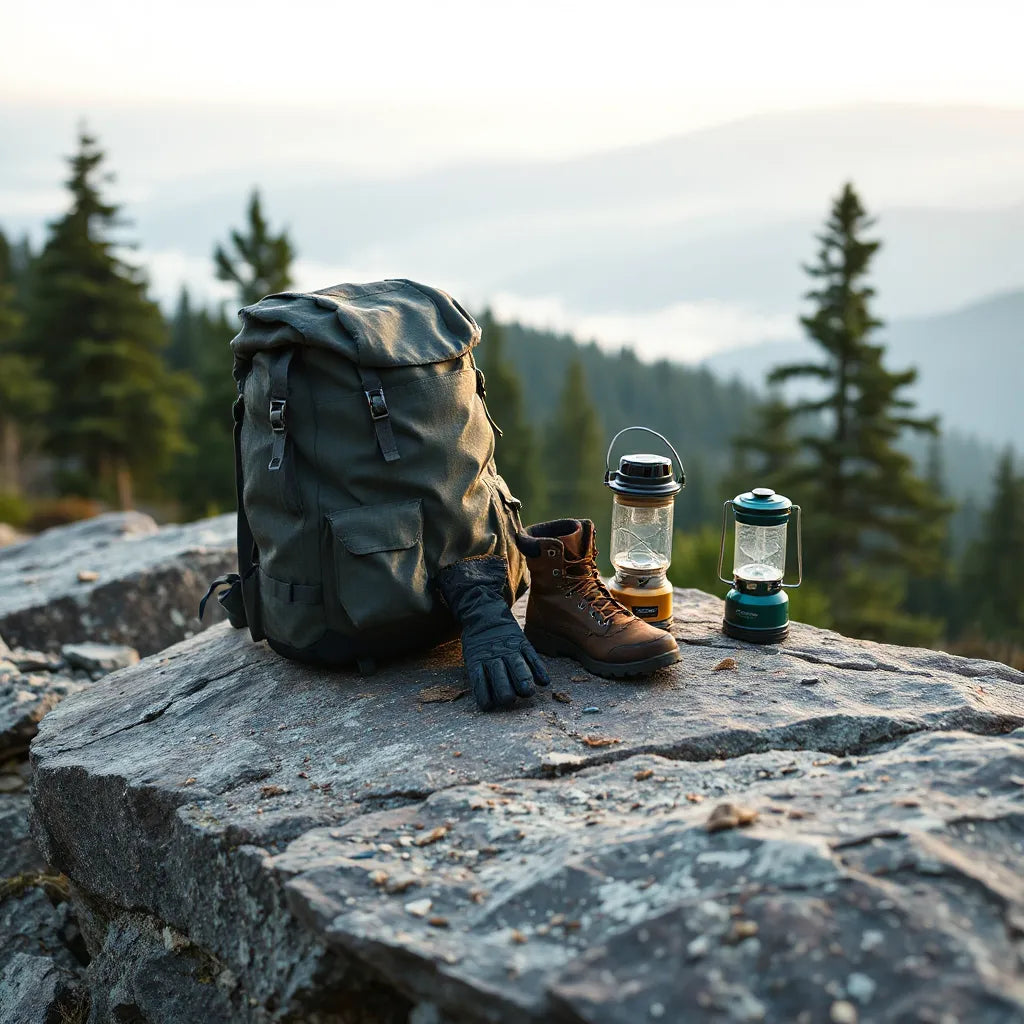 Weatherproof jacket, boots, gloves, and a rugged backpack on a rocky trail near pine trees