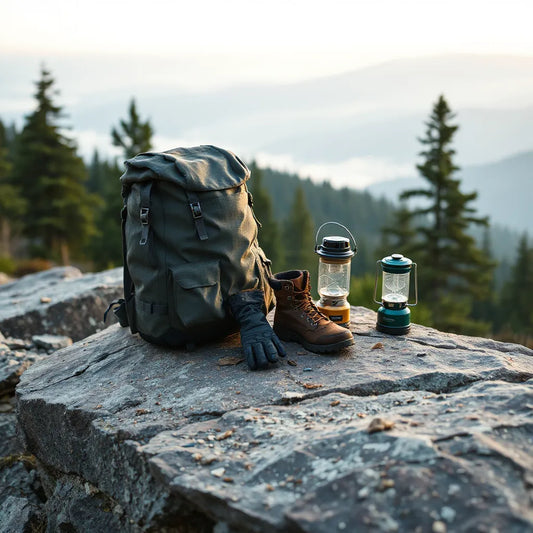 Weatherproof jacket, boots, gloves, and a rugged backpack on a rocky trail near pine trees