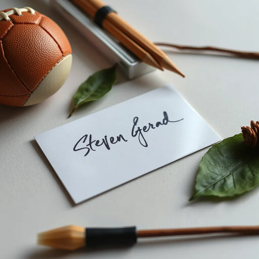 Close-up of a signed football memorabilia card showing Steven Gerrard’s autograph under soft studio lighting