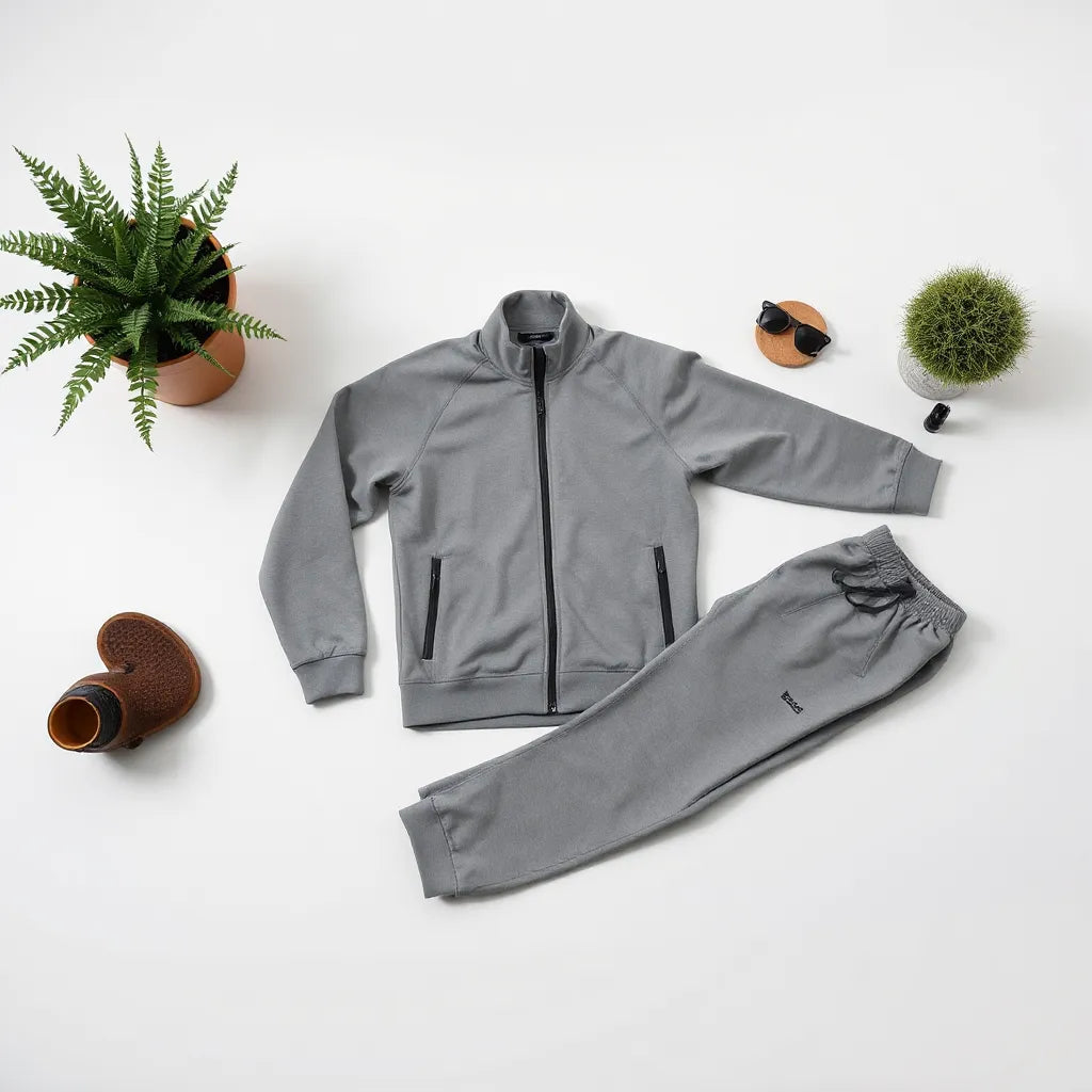 Neatly arranged men’s athletic suit set with visible fabric texture under soft studio lighting